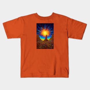 Celestial Cataclysm: A Meteor's Dance of Imminent Danger in the Stained Glass Desert Kids T-Shirt